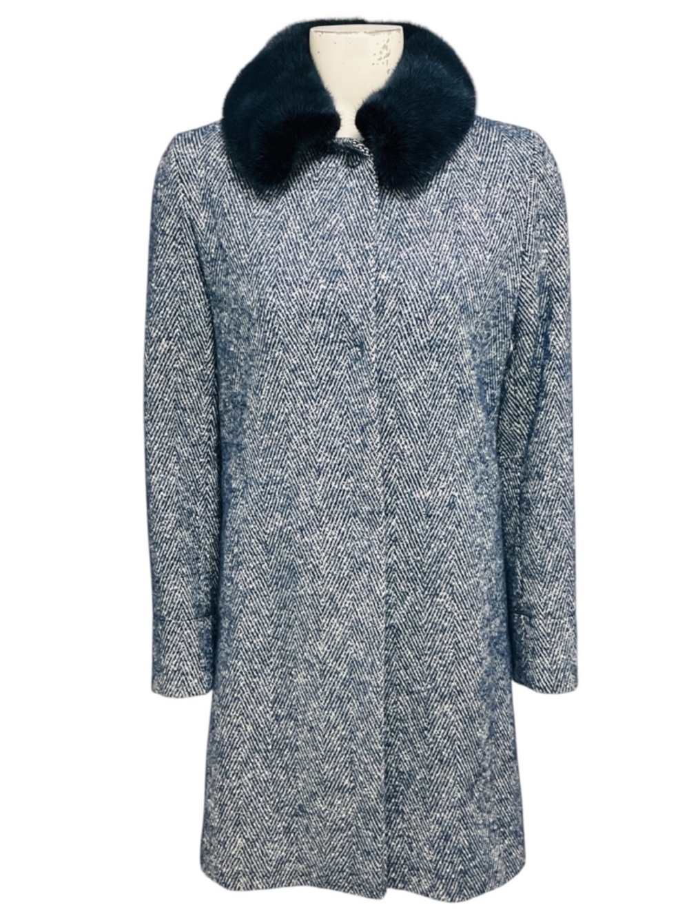 AMINA RUBINACCI BLUE / WHITE WOOL AND ALPACA TWEED COAT WITH MINK FUR COLLAR